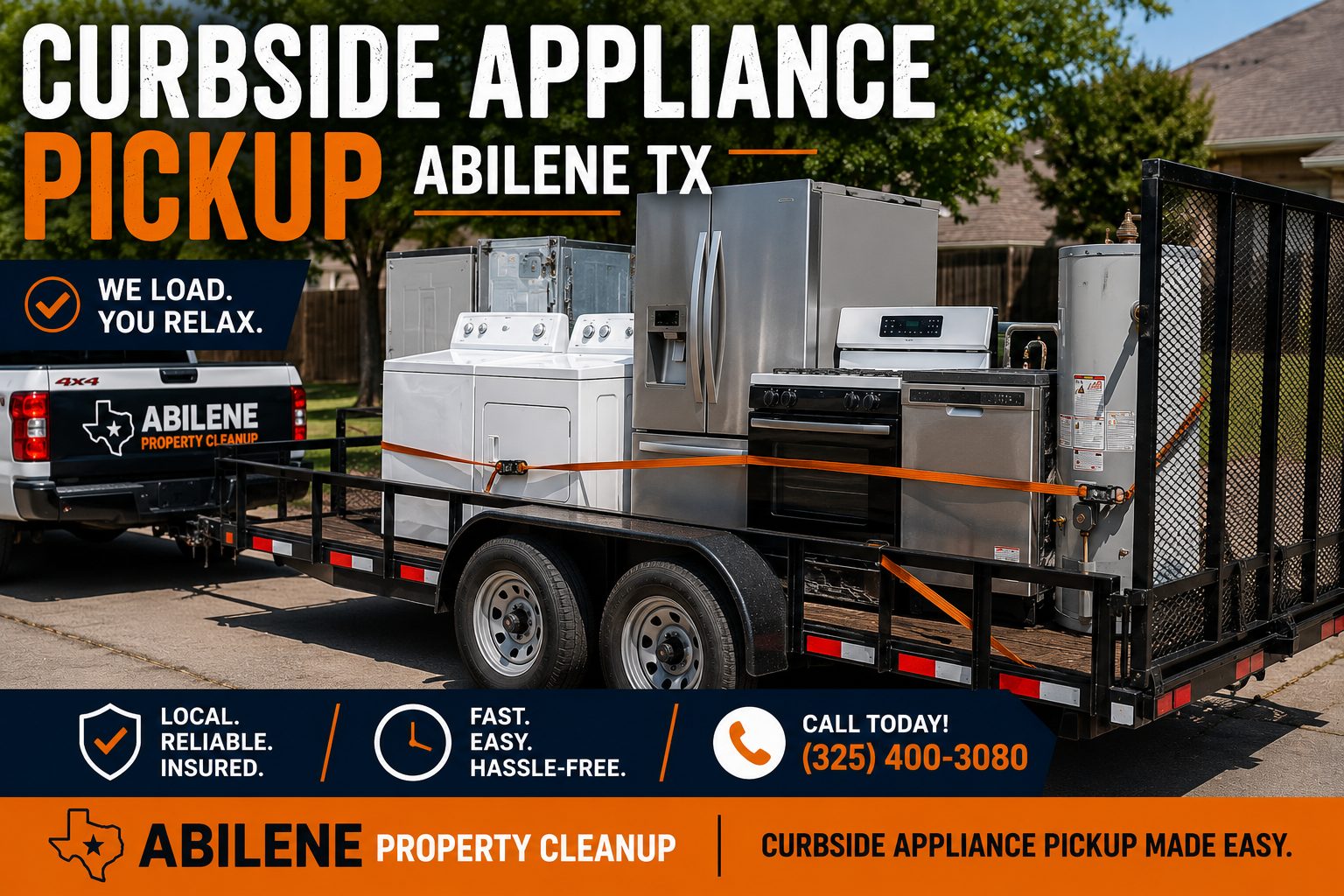 Loaded trailer with refrigerator, washer, dryer, stove, dishwasher, and water heater during curbside appliance pickup in Abilene TX