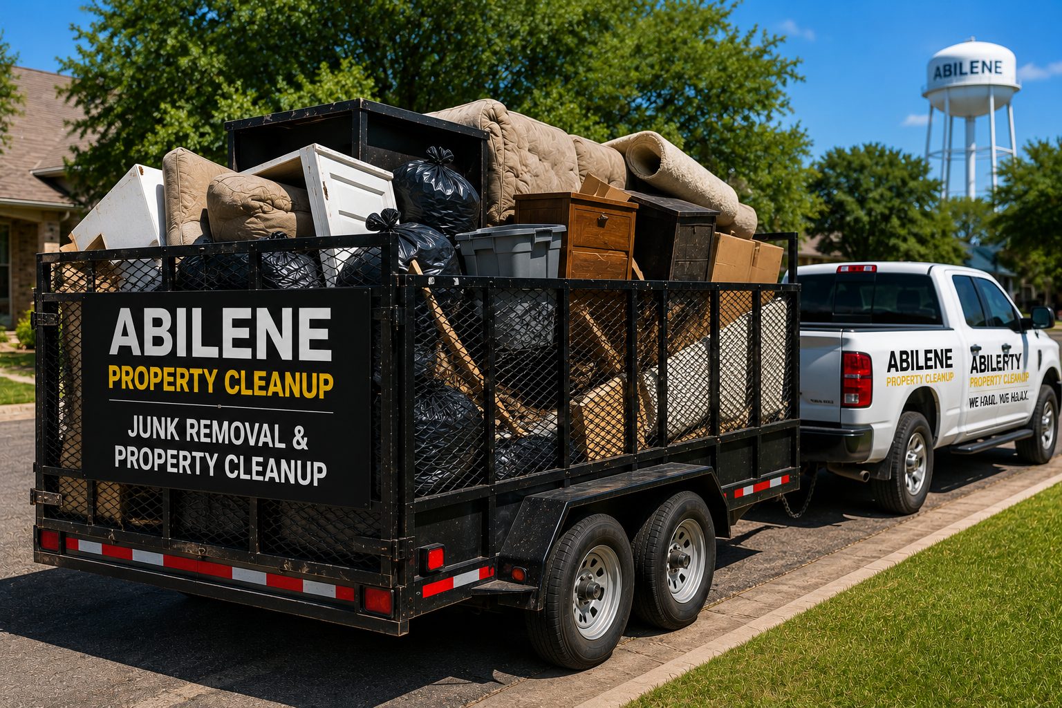 Loaded utility trailer filled with furniture, boxes, bagged junk, and bulky household trash during curbside bulk trash pickup in Abilene TX