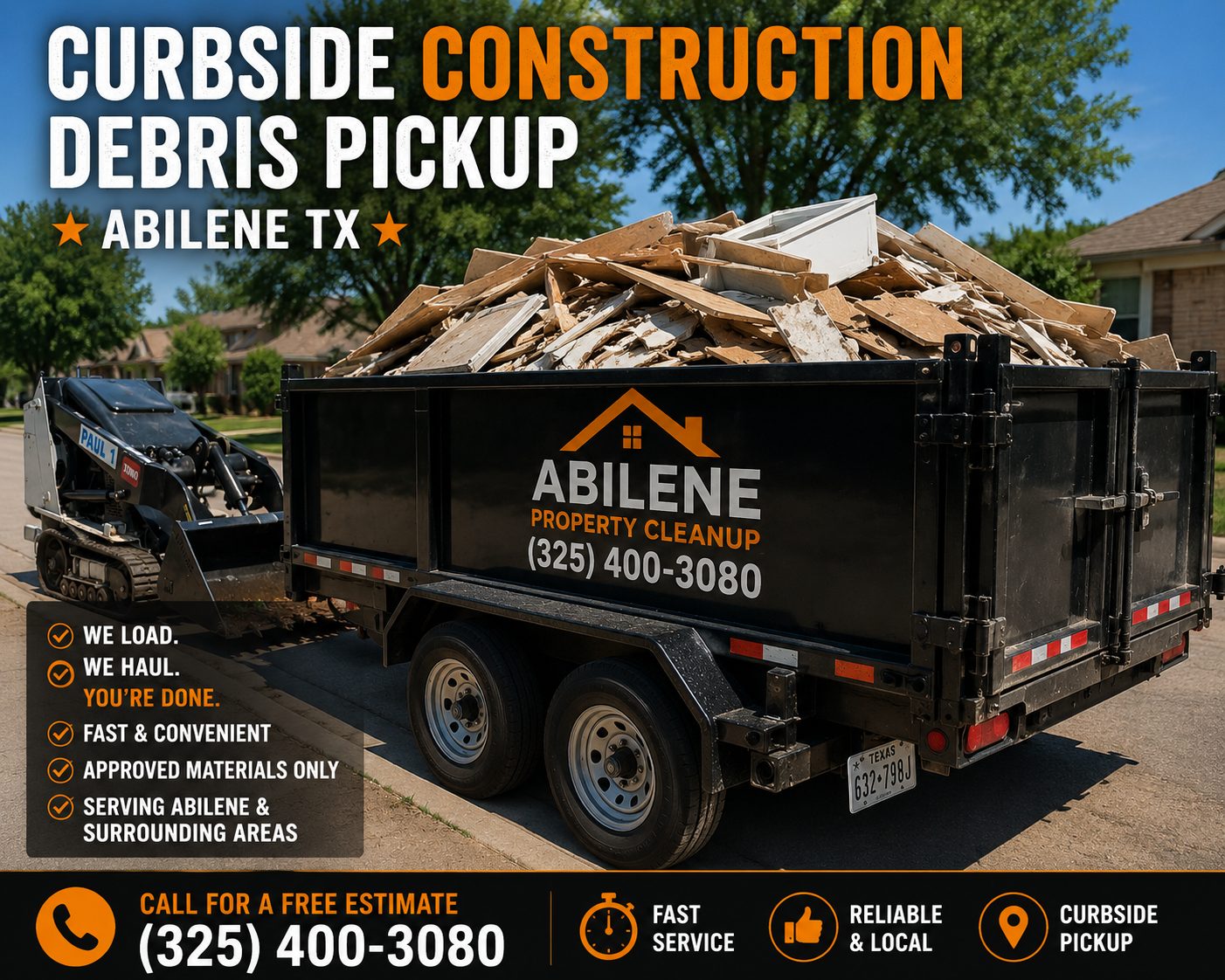 Loaded trailer for curbside construction debris pickup in Abilene TX filled with approved remodeling and construction debris