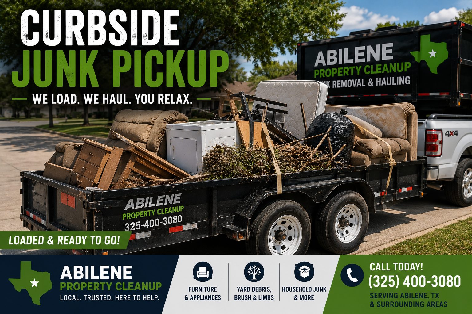Loaded trailer for curbside junk pickup in Abilene TX carrying furniture, an appliance, mattress, brush, wood debris, and household junk