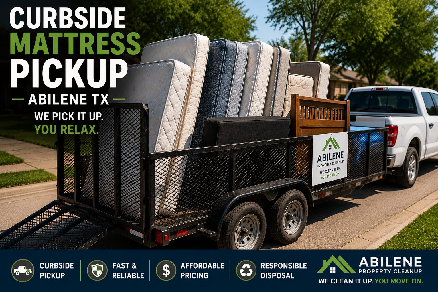 Loaded trailer with mattresses and bedroom furniture for curbside mattress pickup in Abilene TX