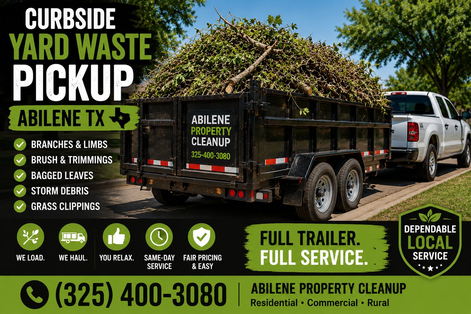 Loaded trailer with branches and brush for curbside yard waste pickup in Abilene TX