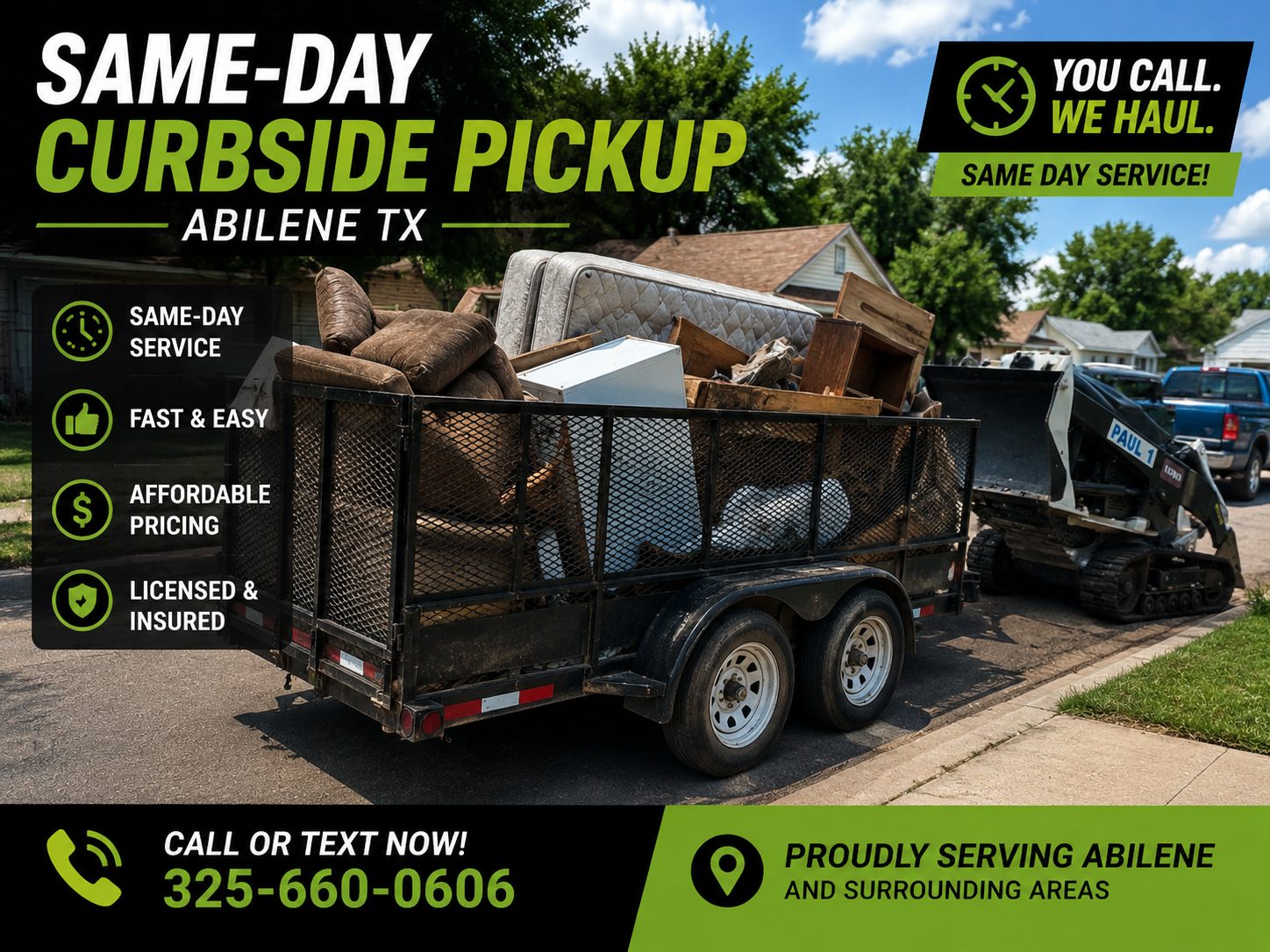 Loaded utility trailer for same-day curbside pickup in Abilene TX filled with furniture, a mattress, an appliance, and bulky household junk