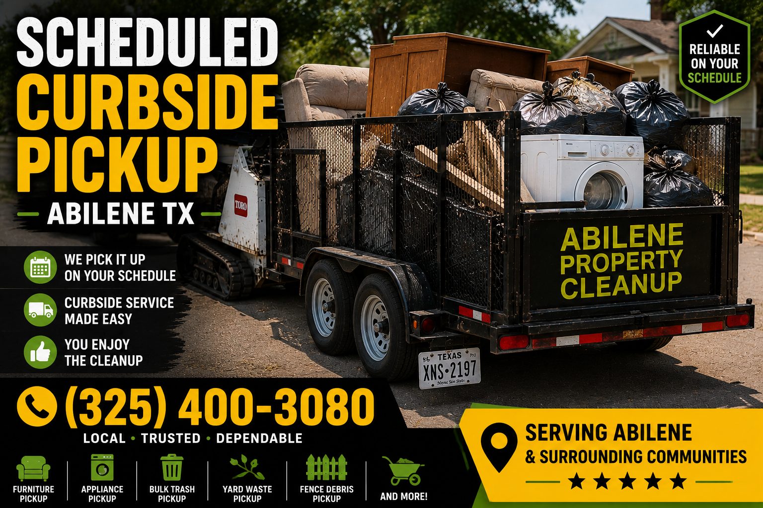 Loaded trailer filled with furniture, an appliance, bags, and debris for scheduled curbside pickup in Abilene TX
