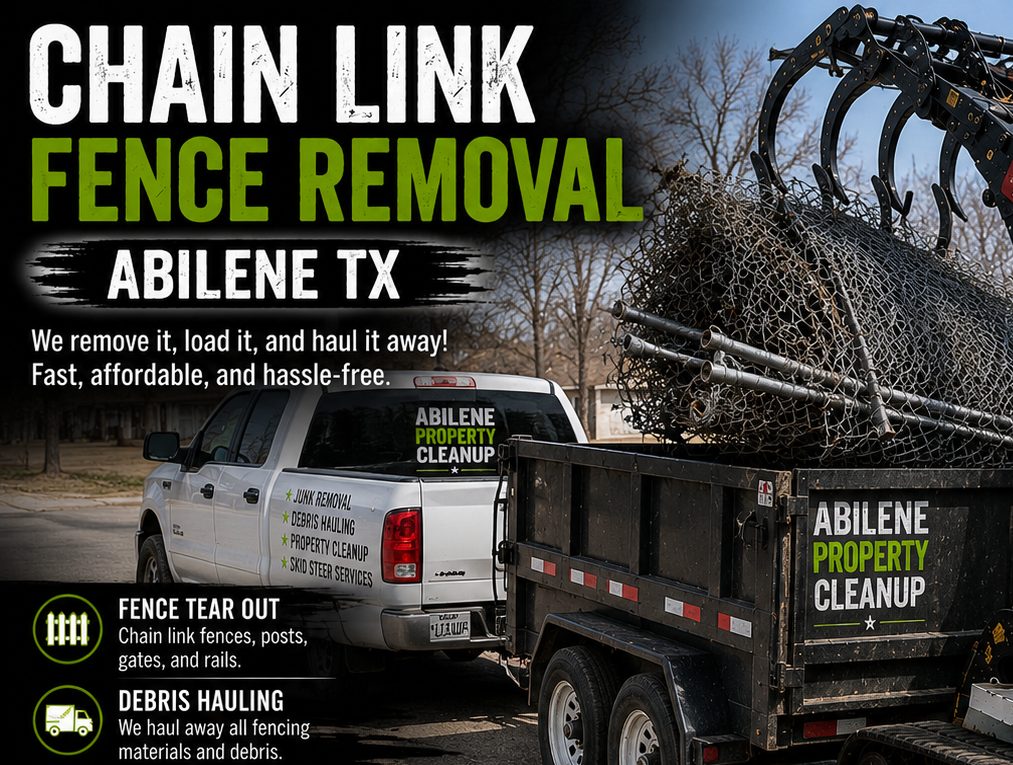 Toro Dingo loading chain link fence debris onto a trailer in Abilene TX