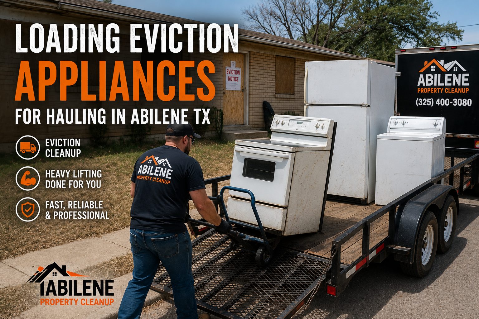 Worker loading eviction appliances onto a utility trailer for hauling in Abilene TX