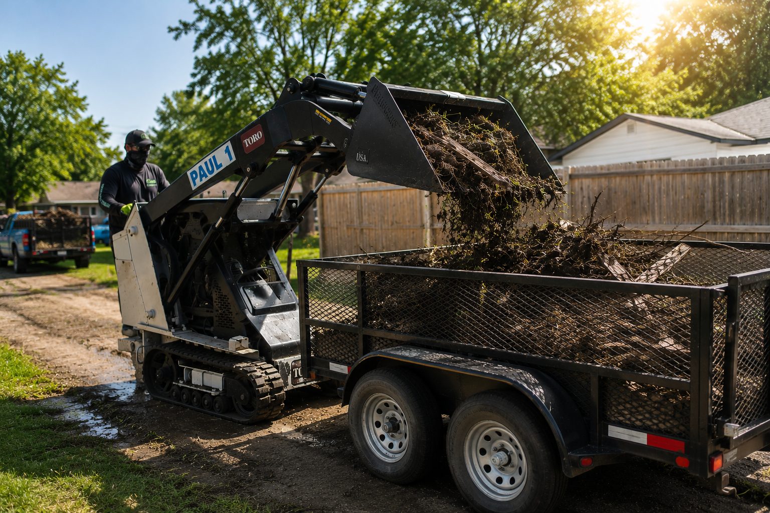 Loading broken fence debris into a utility trailer during a fence cleanup project in Abilene TX.
