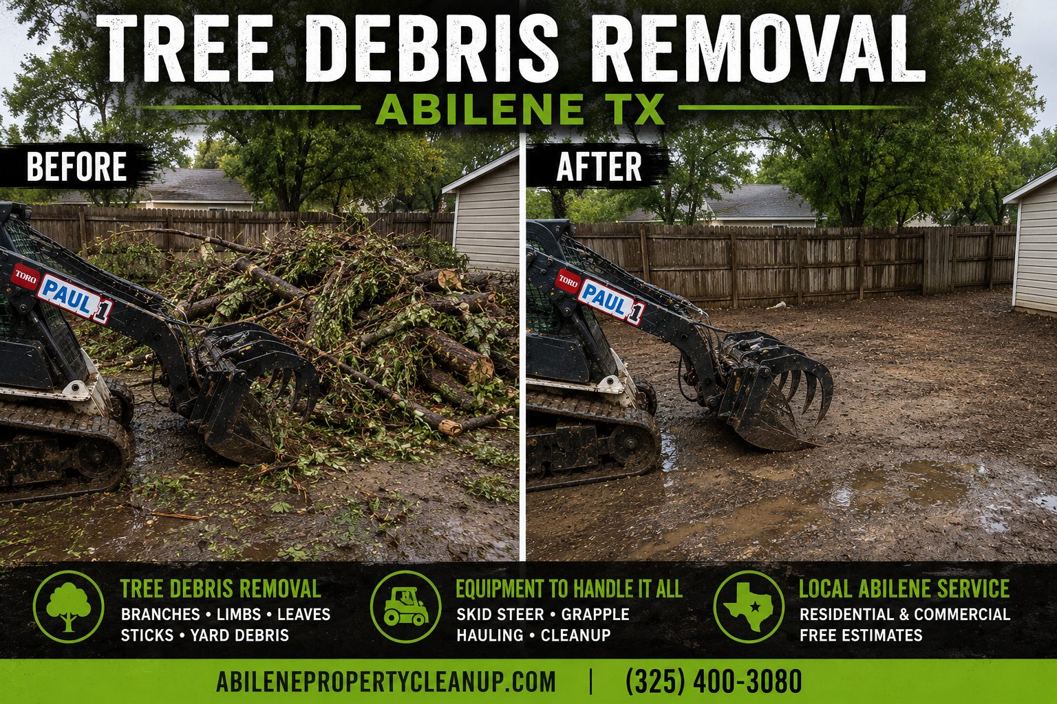Skid steer loading tree debris into trailer for disposal in Abilene TX.