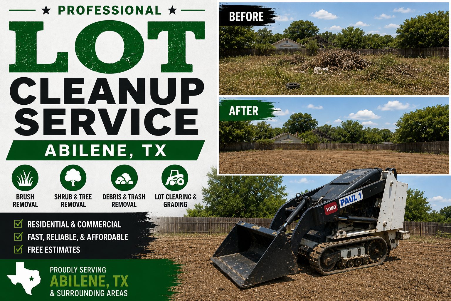 Toro Dingo mini skid steer performing lot cleanup services in Abilene TX by removing brush and debris from a vacant property.