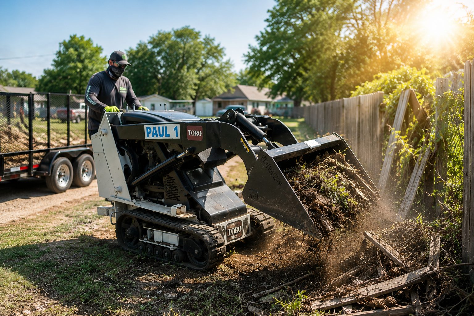 Toro Dingo mini skid steer removing fence debris during a property cleanup service in Abilene TX.