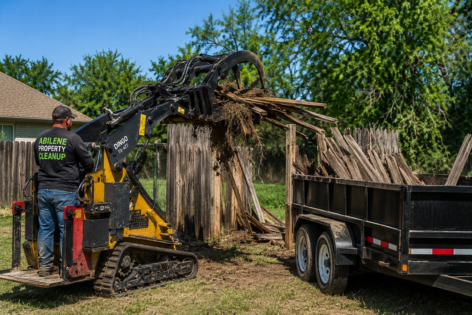 Mini skid steer loading old wood fence panels and chain-link fence debris onto a trailer during fence removal in Abilene TX.