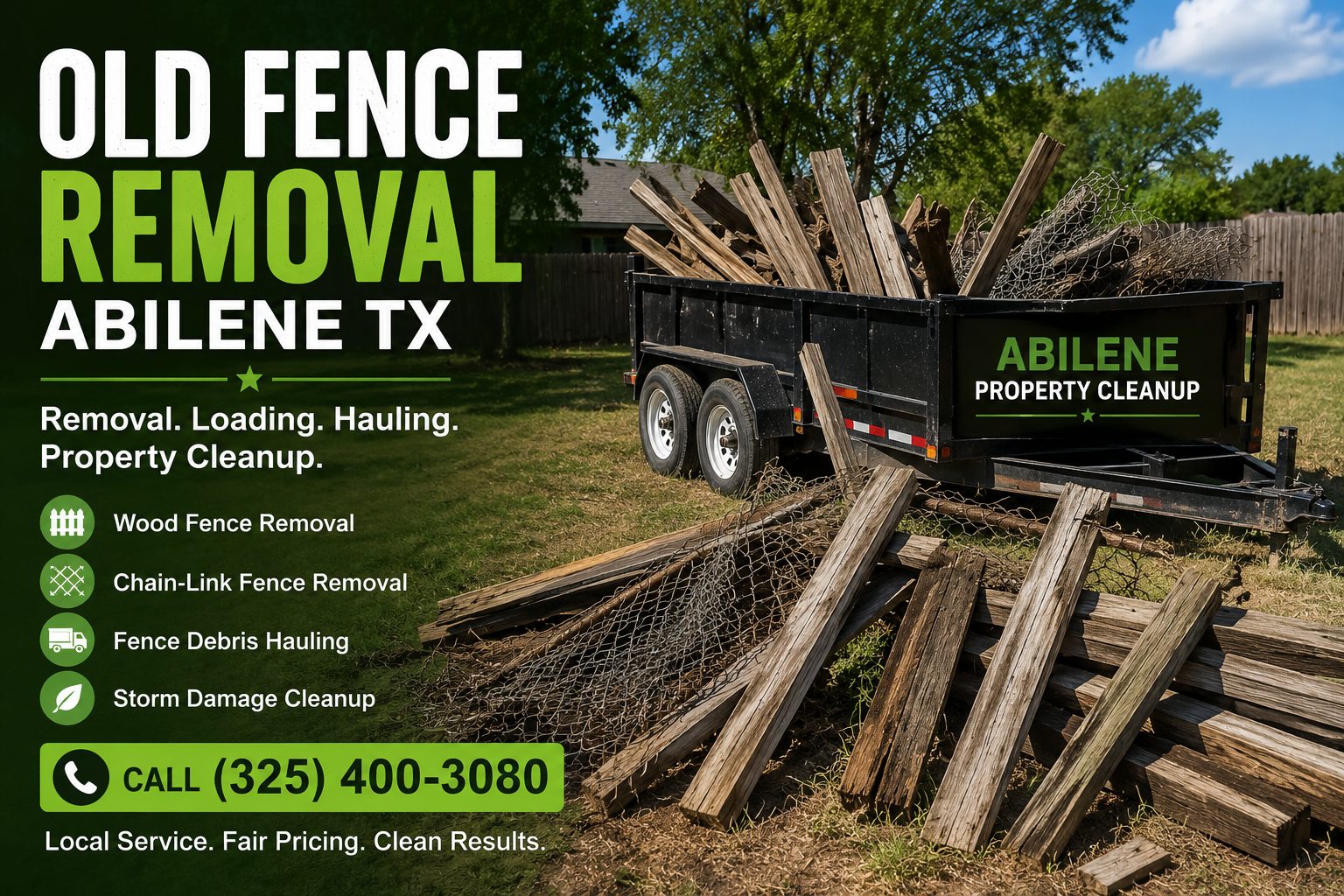 Old fence removal in Abilene TX with damaged wood fence panels and chain-link fencing being removed from a residential property.