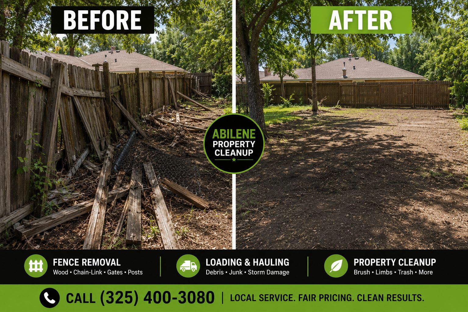 Before and after old fence removal showing damaged fencing removed and property cleaned in Abilene TX.