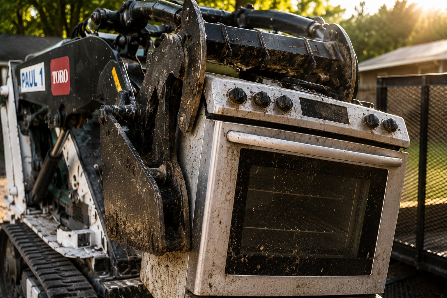 Close-up of an old damaged oven being prepared for pickup in Abilene Texas