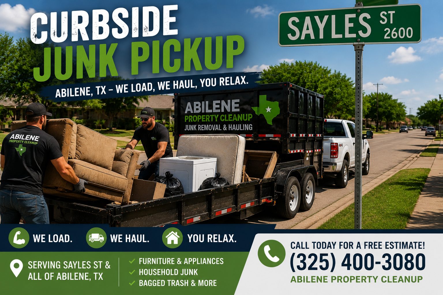 Curbside junk pickup trailer on Sayles Street in Abilene TX with workers loading furniture, an appliance, mattress, and bagged household junk