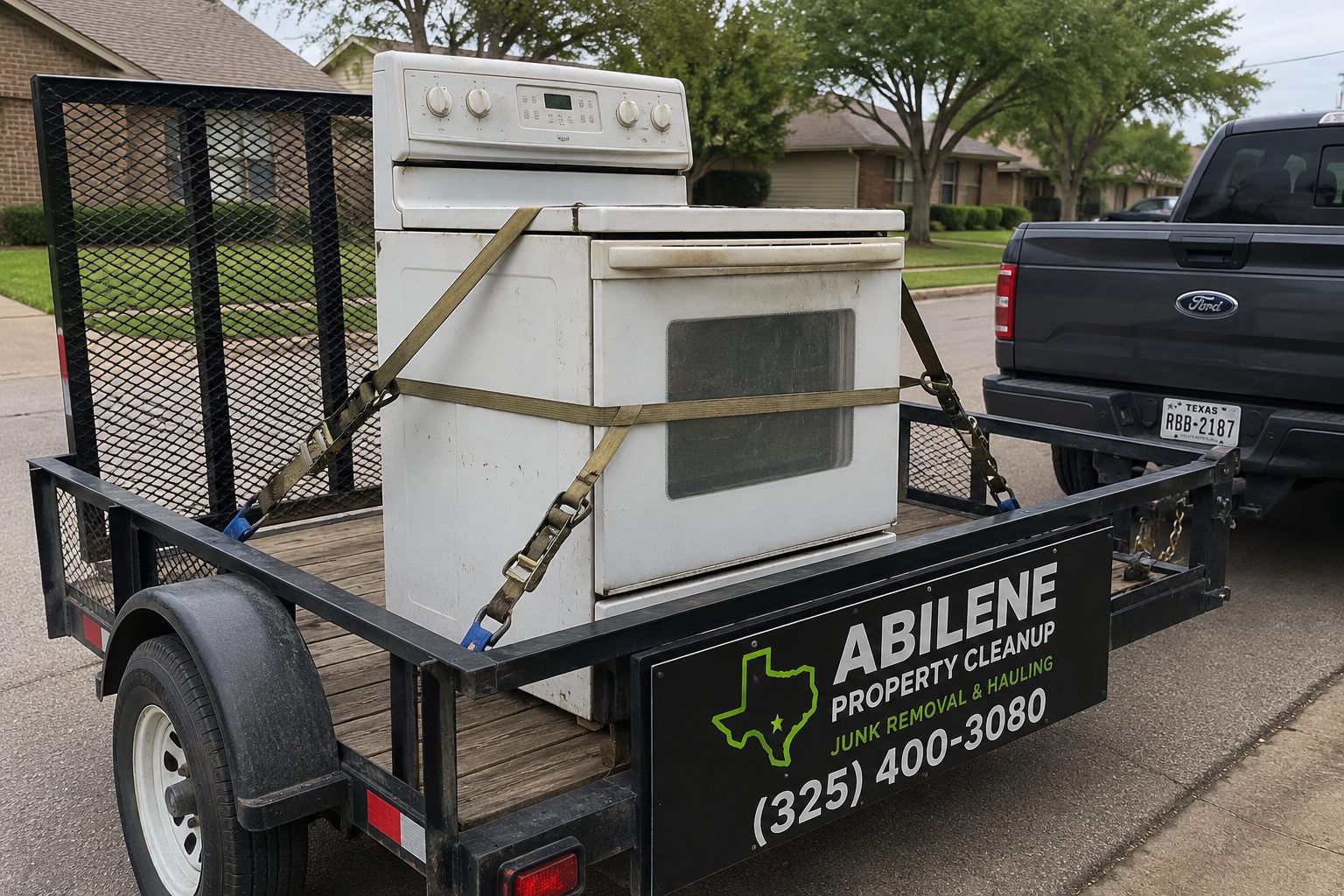 Old oven secured on a utility trailer for appliance hauling in Abilene TX