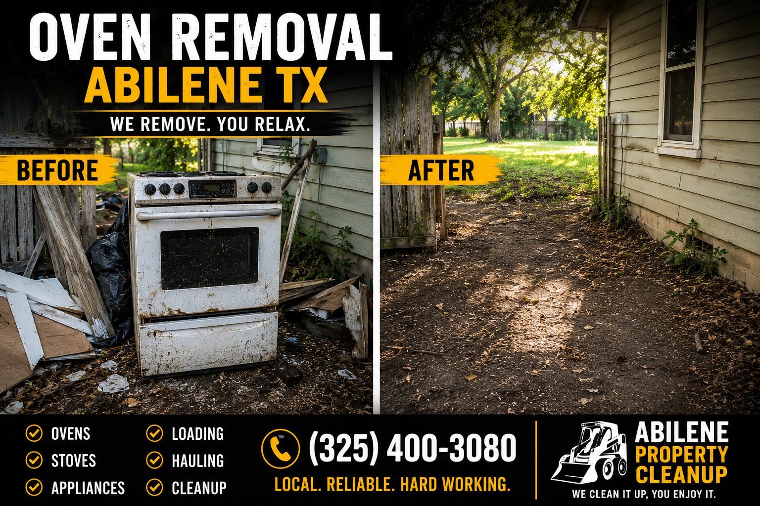 Before and after oven removal showing an old appliance removed from a property in Abilene TX