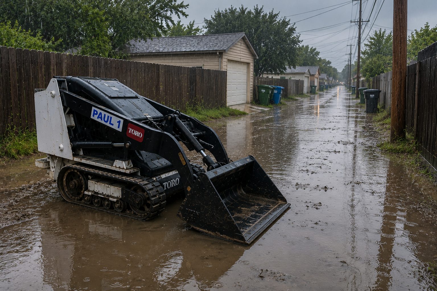 Toro Dingo mini skid steer working in a flooded alley after heavy rain in Abilene TX.