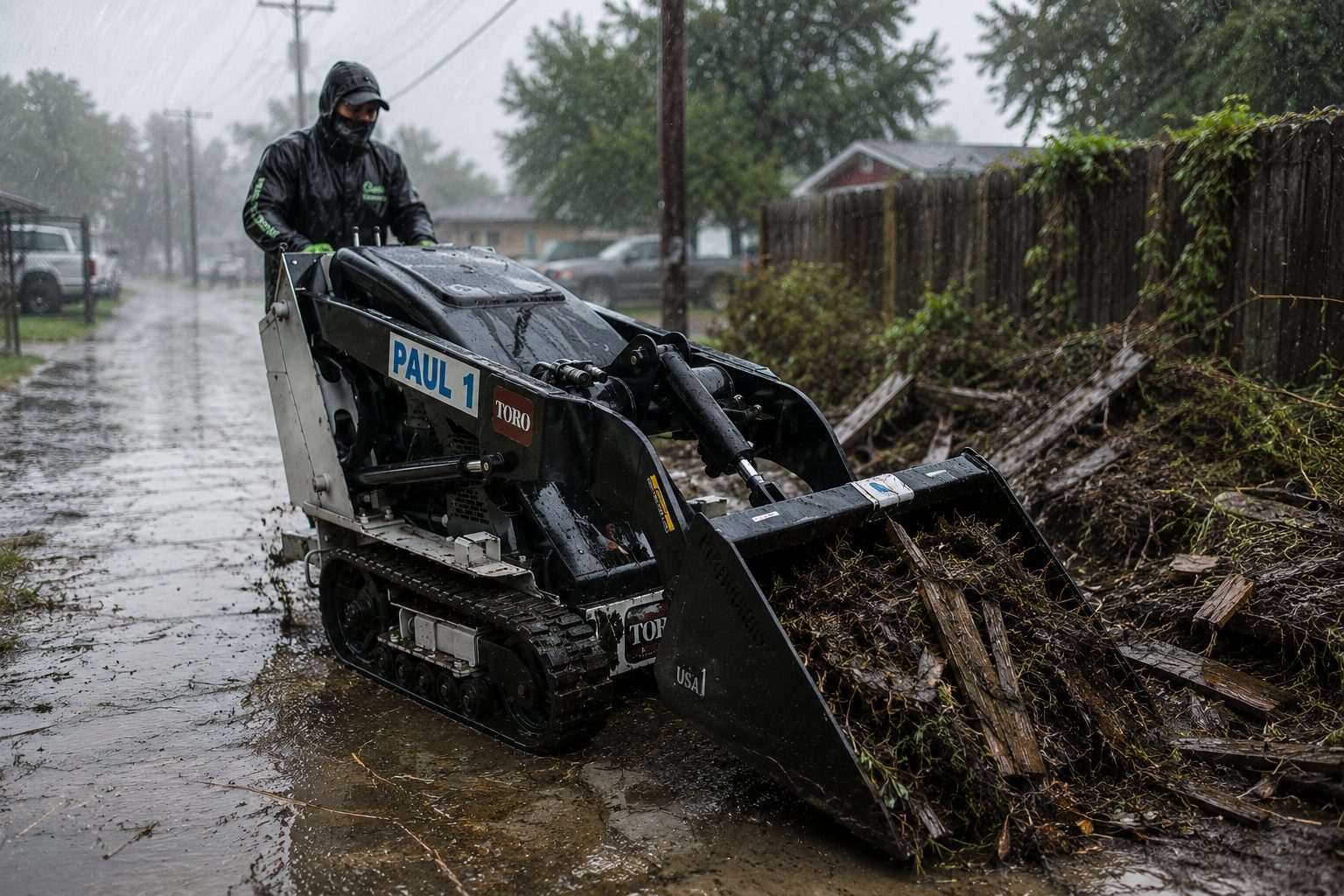 Fence cleanup services performed during rainy weather in Abilene TX removing storm-damaged fence debris.