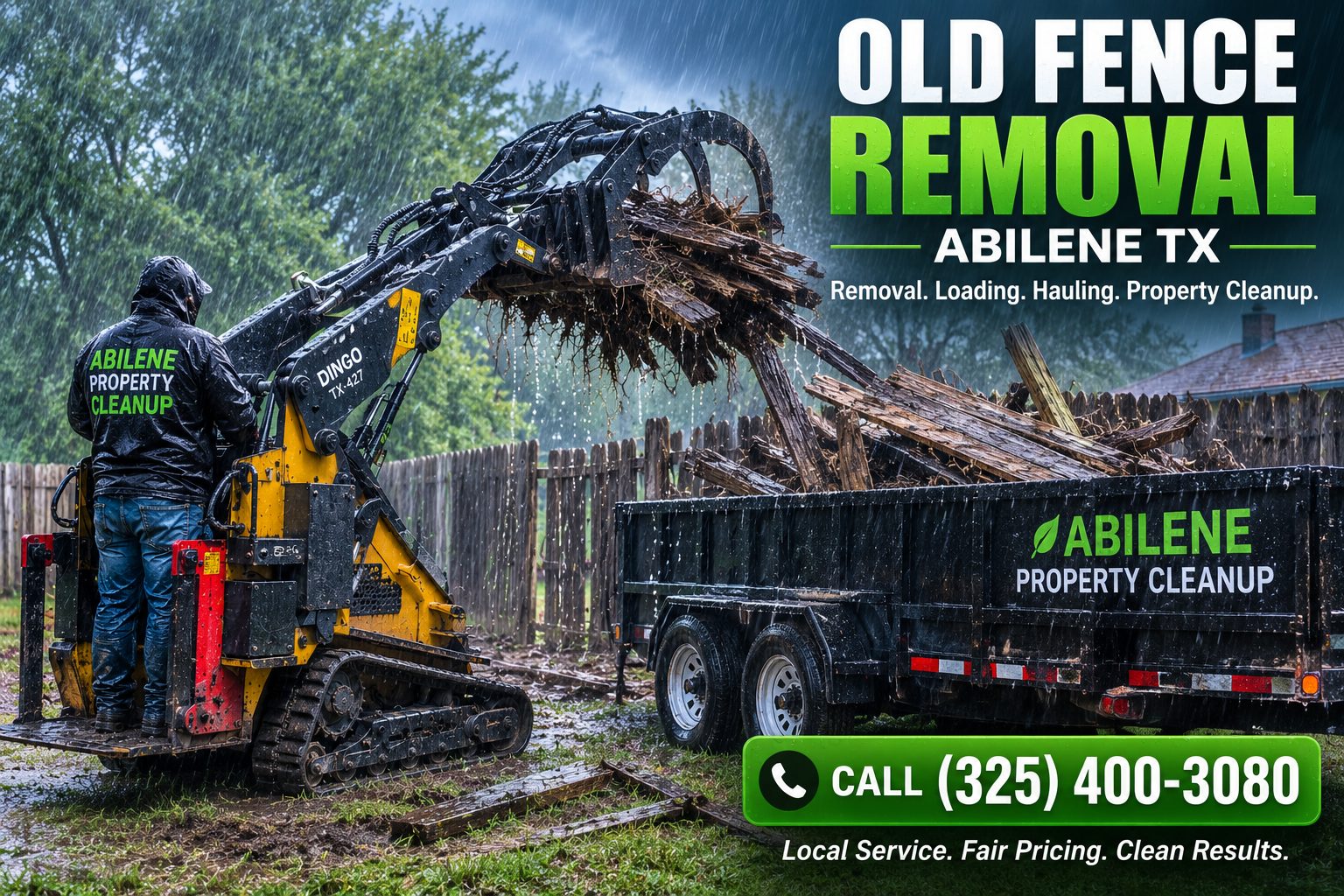 Old fence removal during rainy weather in Abilene TX with damaged fence panels being loaded onto a trailer.