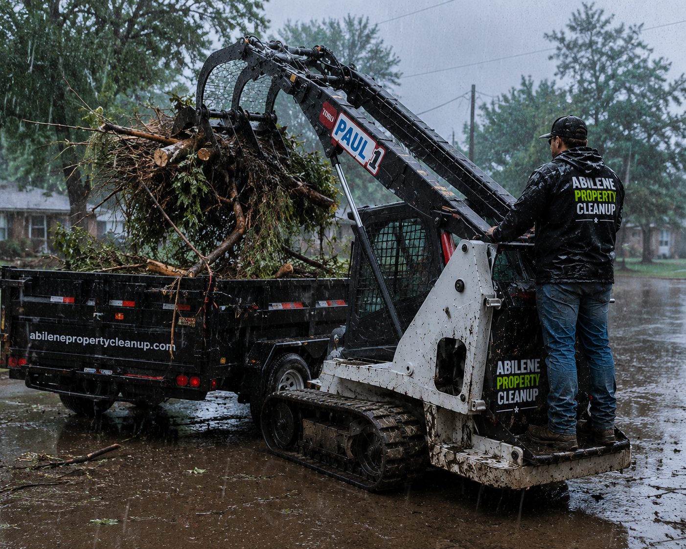 Skid steer loading wet tree debris and branches during rainy weather in Abilene TX.