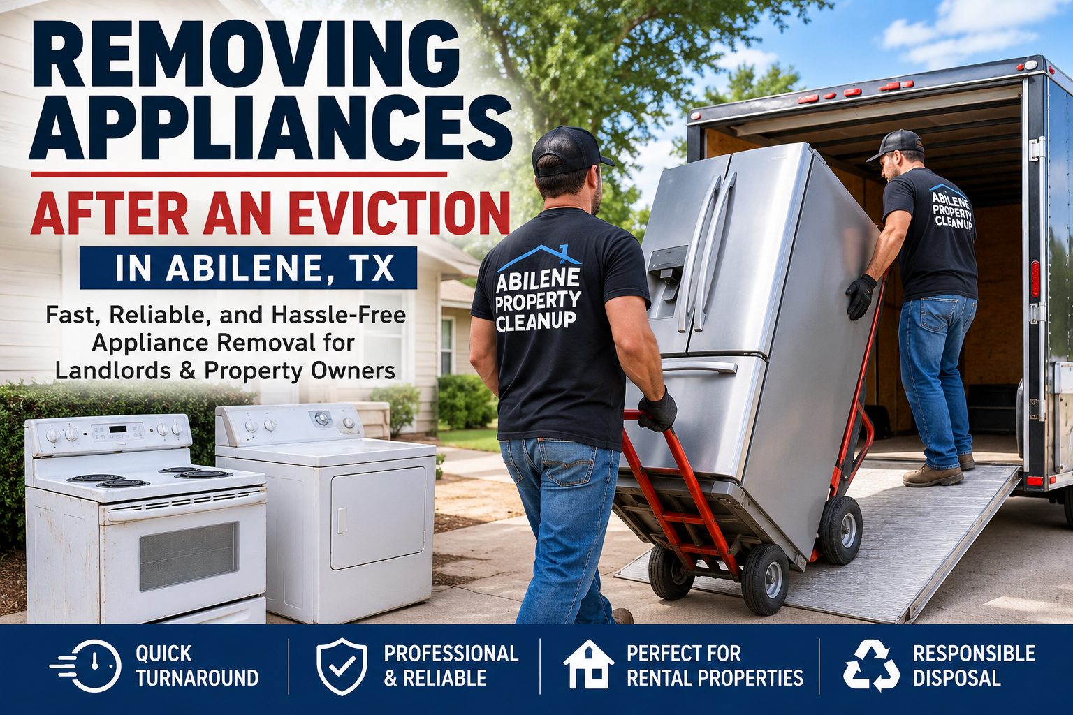 Workers removing appliances after an eviction in Abilene TX and loading a refrigerator into a trailer