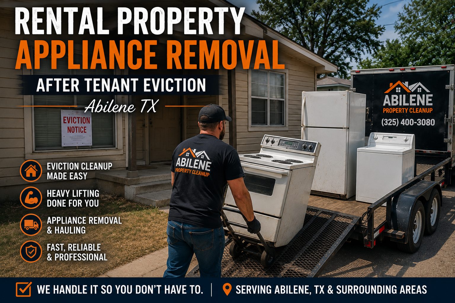 Worker removing appliances from a rental property after a tenant eviction in Abilene TX