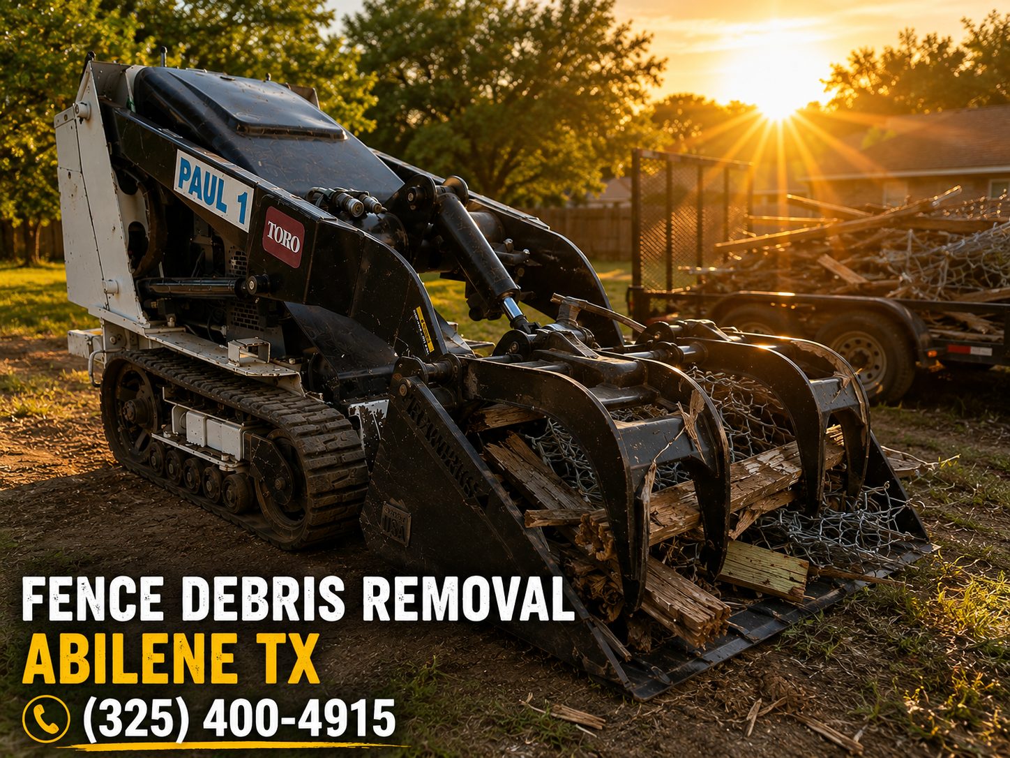 Residential backyard fence removal in Abilene TX with equipment loading broken fencing during property cleanup.