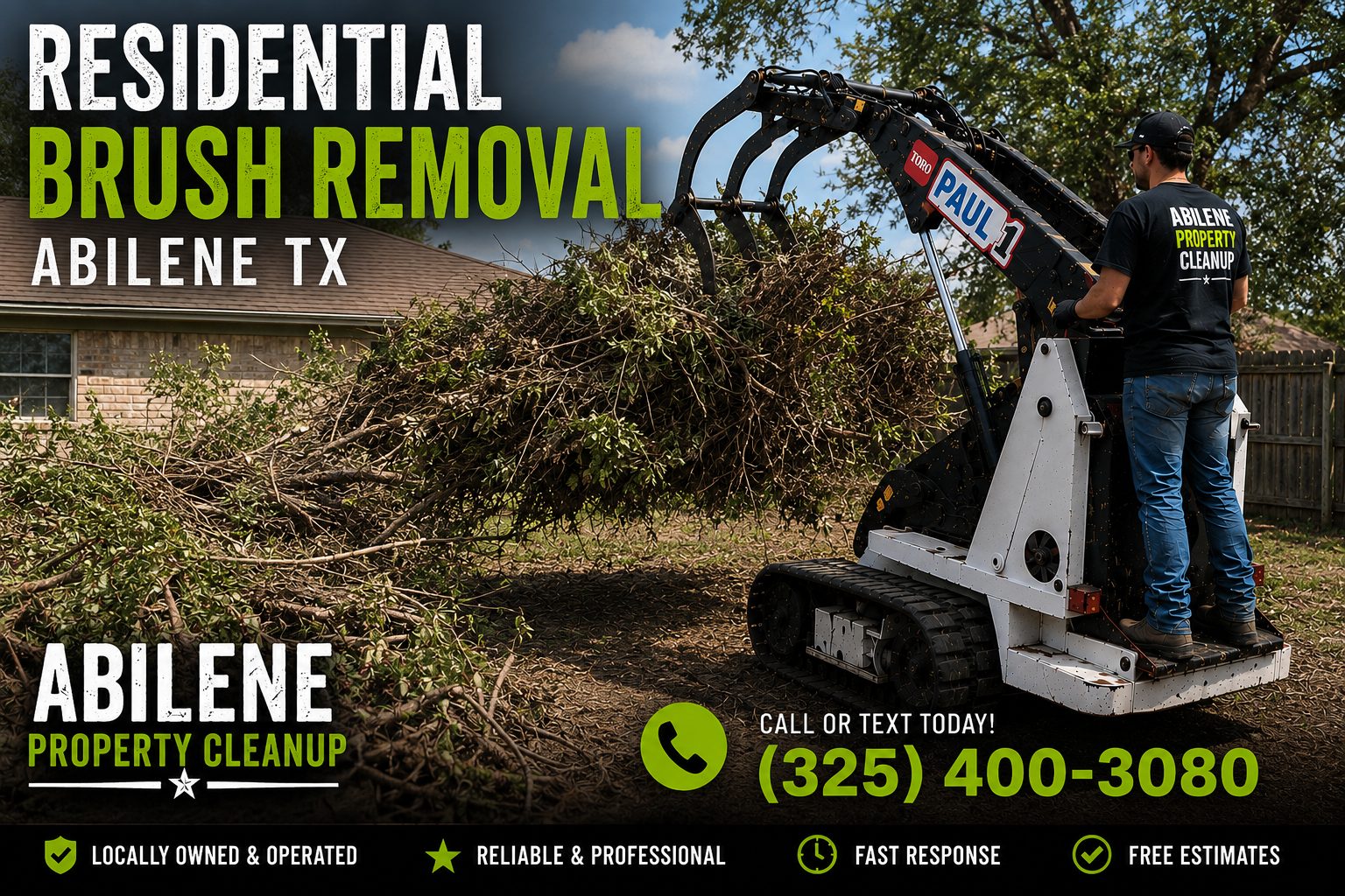 Residential brush removal service in Abilene TX using a Toro Dingo mini skid steer to load and remove brush, branches, and yard debris from a residential property.