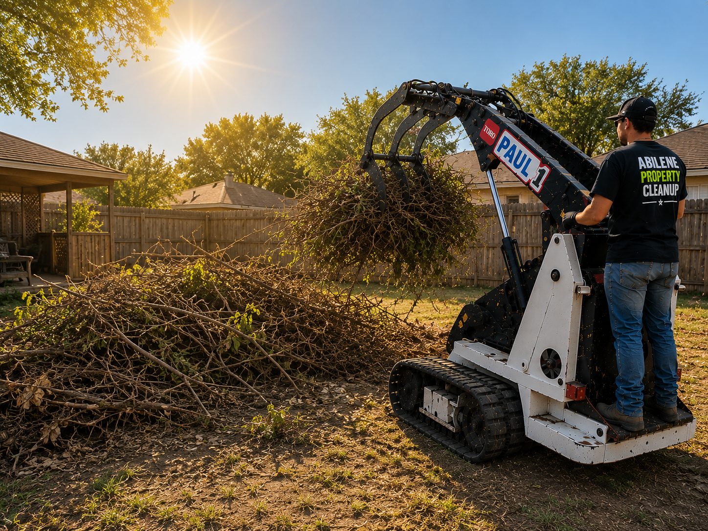 Backyard brush pile being loaded and removed from a residential property in Abilene TX using a mini skid steer grapple attachment.