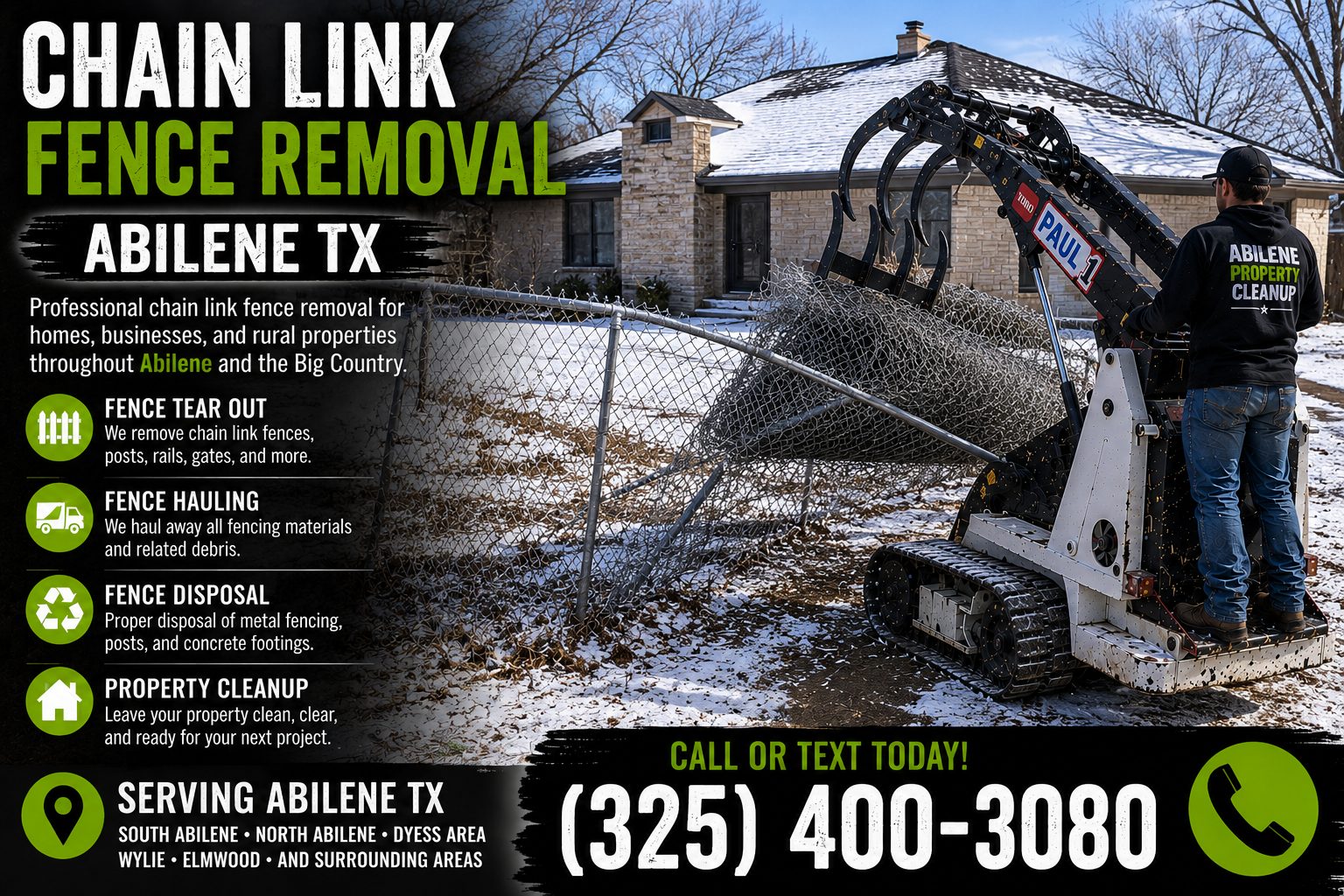 Residential chain link fence removal during winter in Abilene Texas