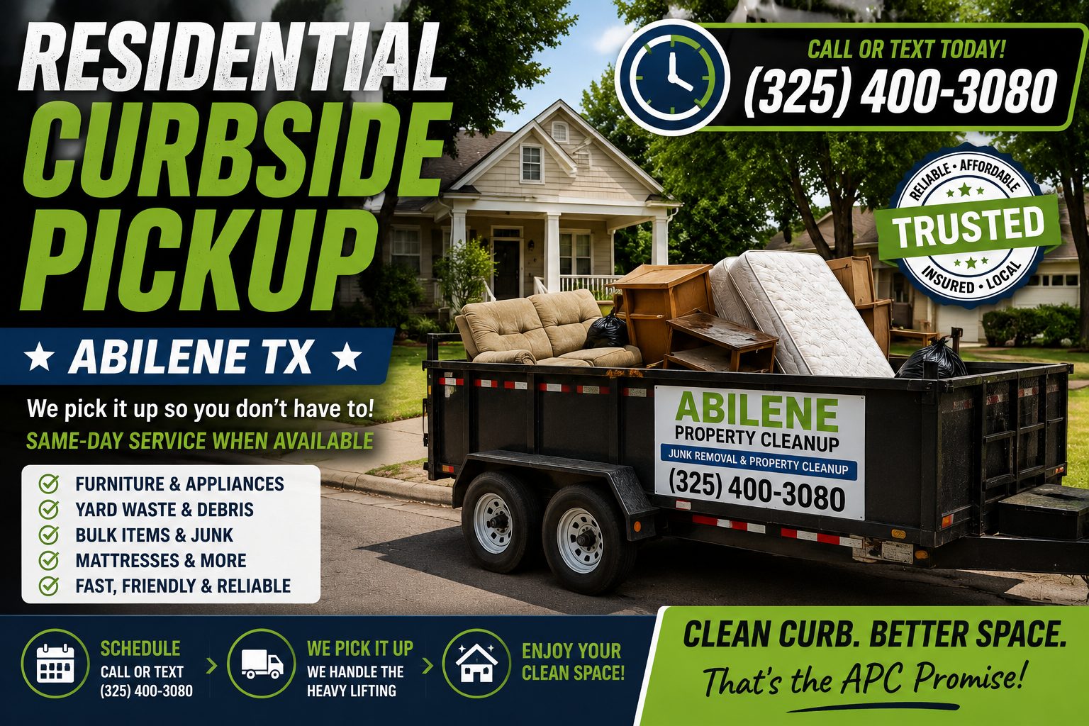 Residential curbside pickup in Abilene TX by Abilene Property Cleanup for furniture, appliances, mattresses, yard waste, and bulk junk removal.