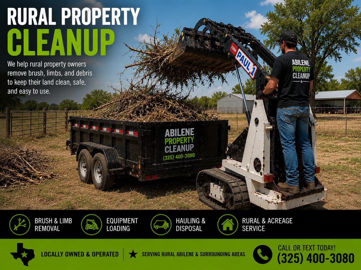 Rural property brush hauling and cleanup service near Abilene TX