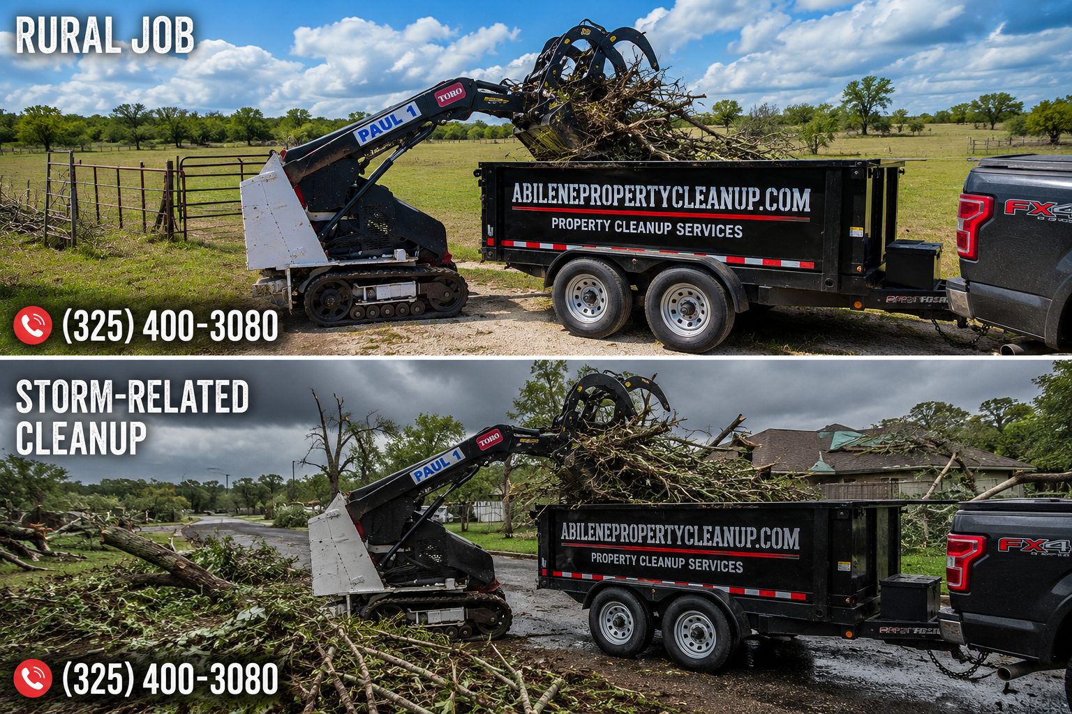 Toro Dingo skid steer loading storm-damaged tree limbs and debris on a rural property near Abilene TX.