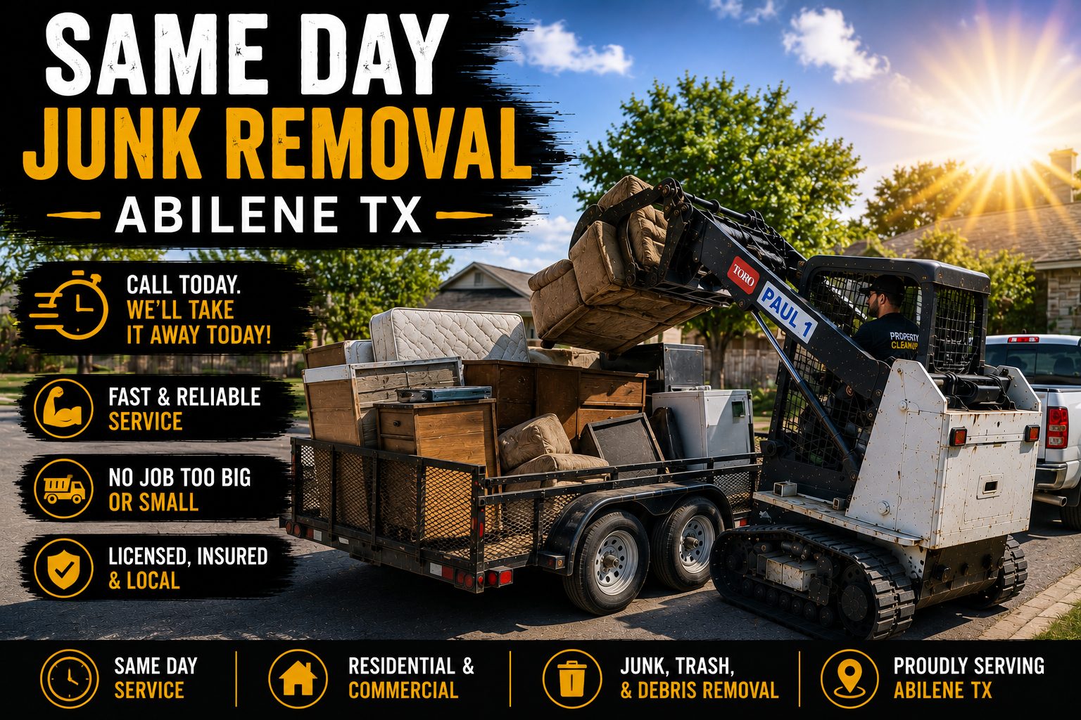 Same Day Junk Removal in Abilene TX with Toro Dingo loading furniture, appliances, and household junk onto a utility trailer for fast property cleanup.