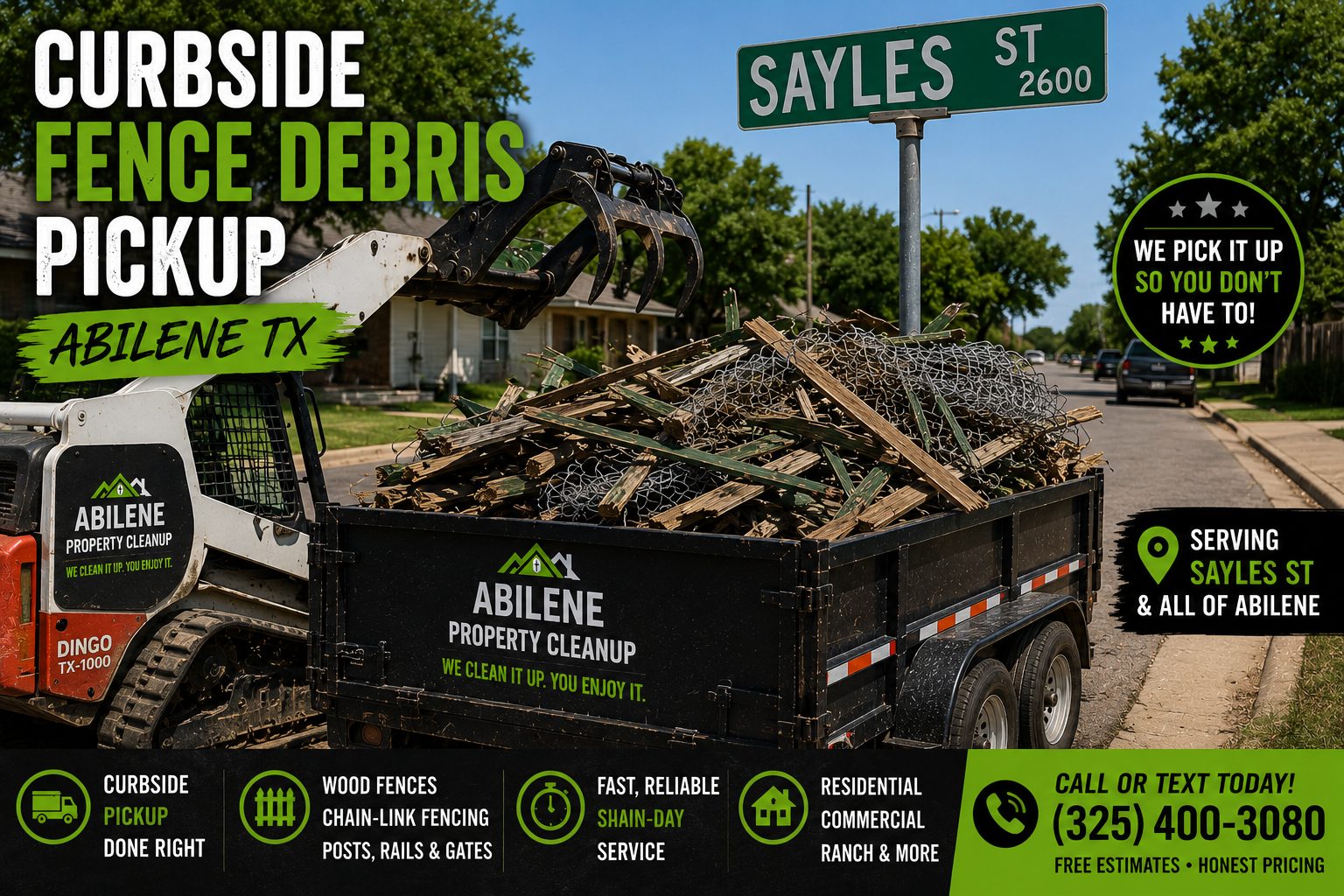 Curbside fence debris pickup on Sayles Street in Abilene TX with wood fencing, chain-link fencing, posts, rails, and gates loaded for hauling