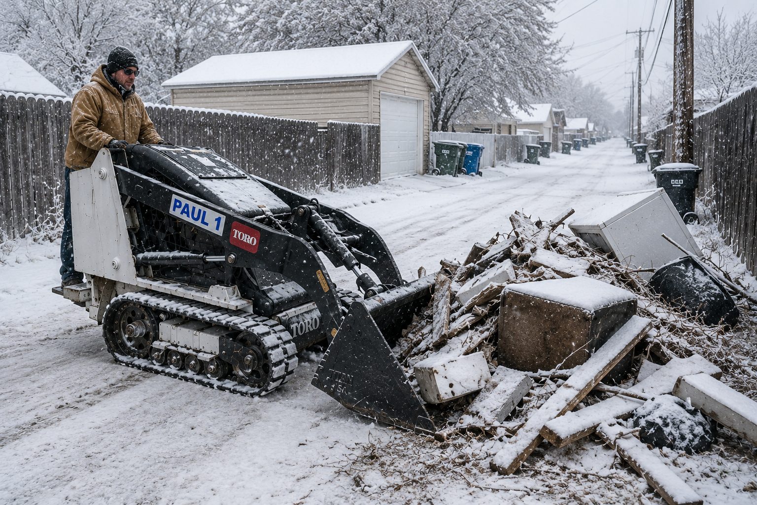 Worker operating a Toro Dingo mini skid steer during alley junk removal in snowy conditions in Abilene TX.
