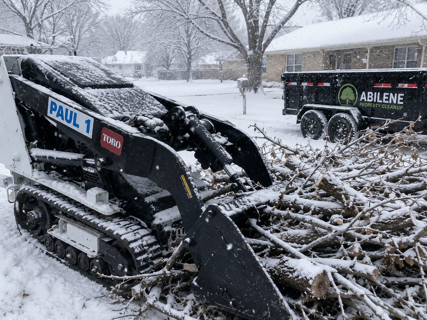 Mini skid steer removing snow-covered tree limbs and storm debris during winter weather in Abilene TX.