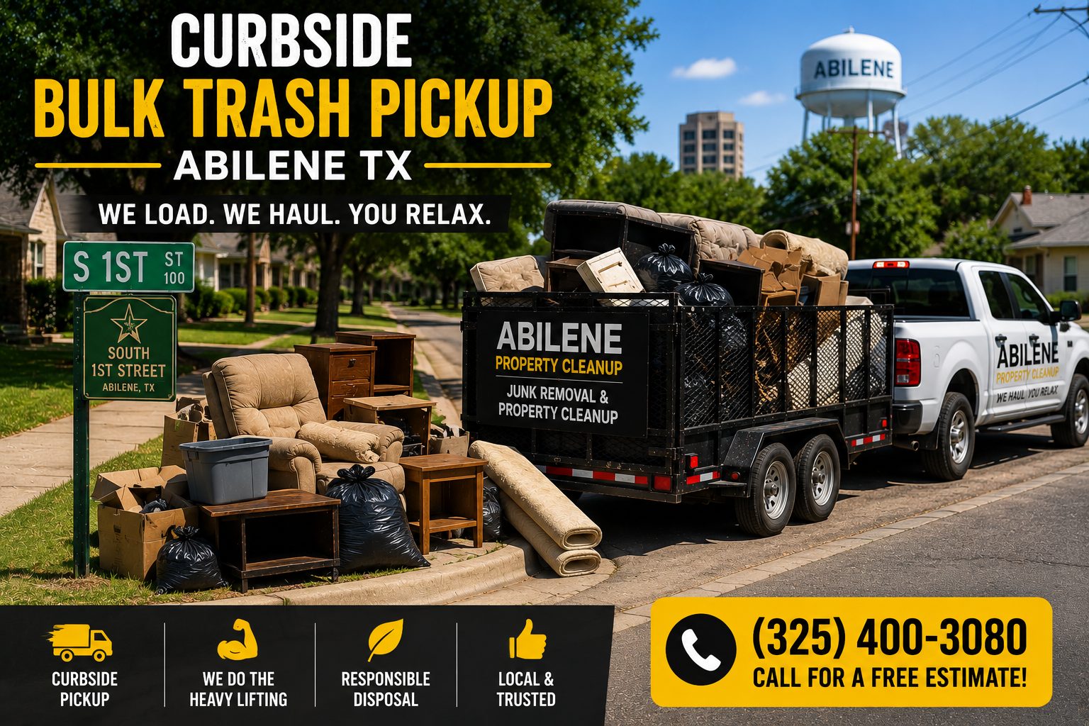 Curbside bulk trash pickup on South 1st Street in Abilene TX with furniture, bagged junk, boxes, and a loaded utility trailer