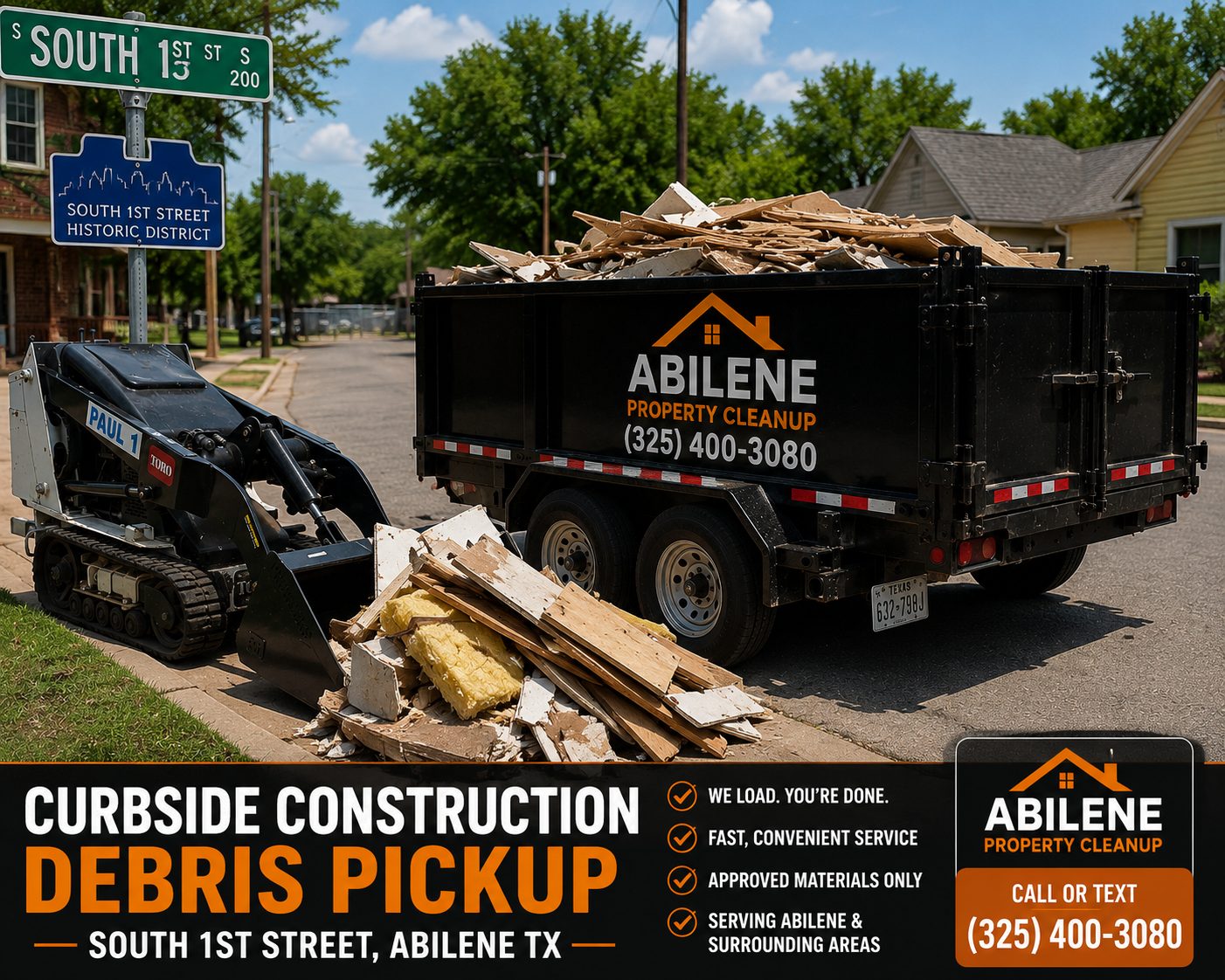 Curbside construction debris pickup on South 1st Street in Abilene TX with loaded trailer and compact loader