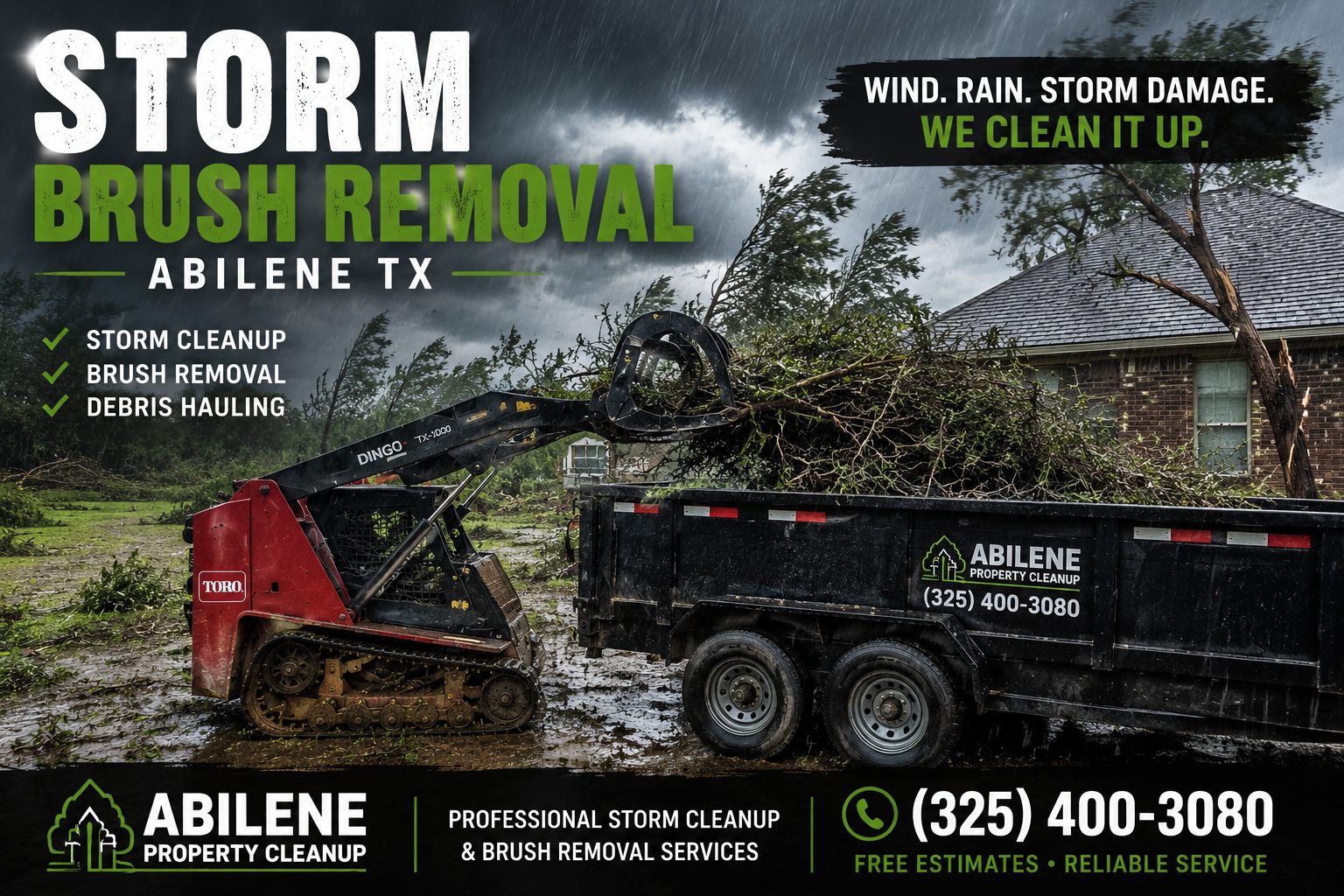 Storm brush cleanup after rain and wind damage in Abilene TX
