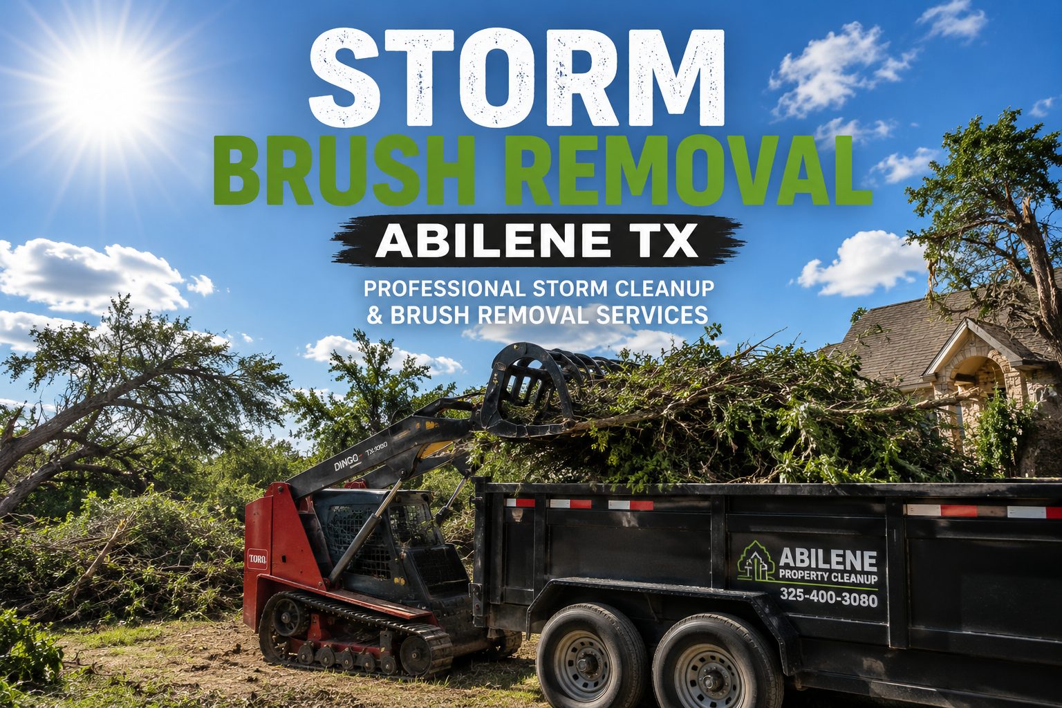 Toro Dingo mini skid steer removing storm brush and debris from a property in Abilene TX