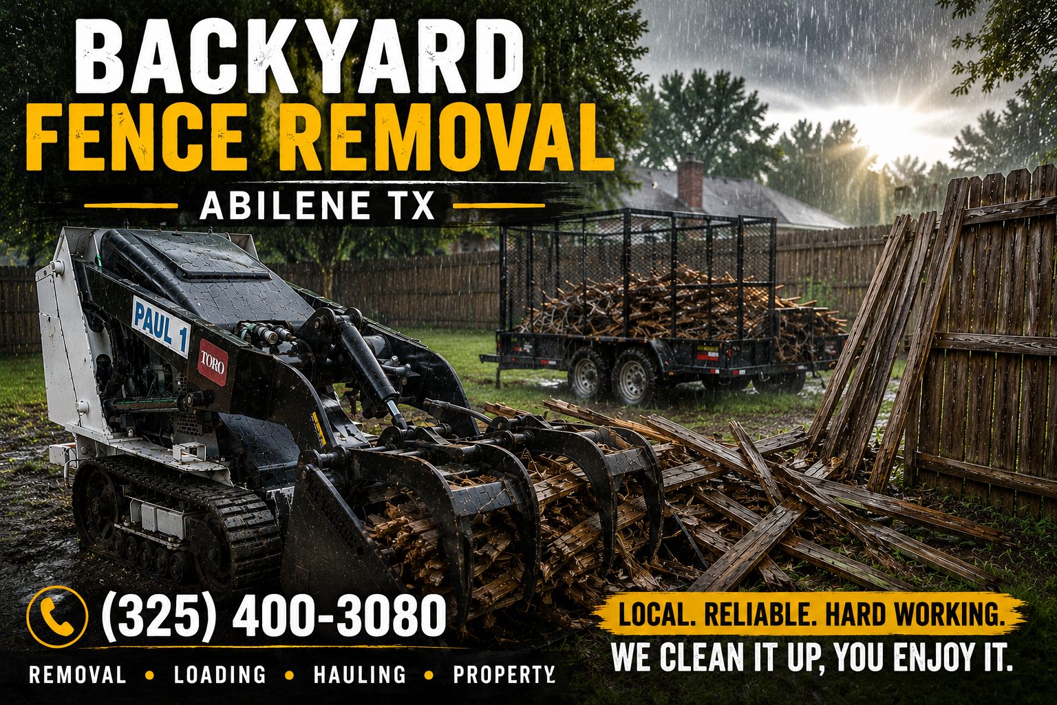 Storm damaged backyard fence removal in Abilene TX with broken fence panels and debris cleanup after severe weather.