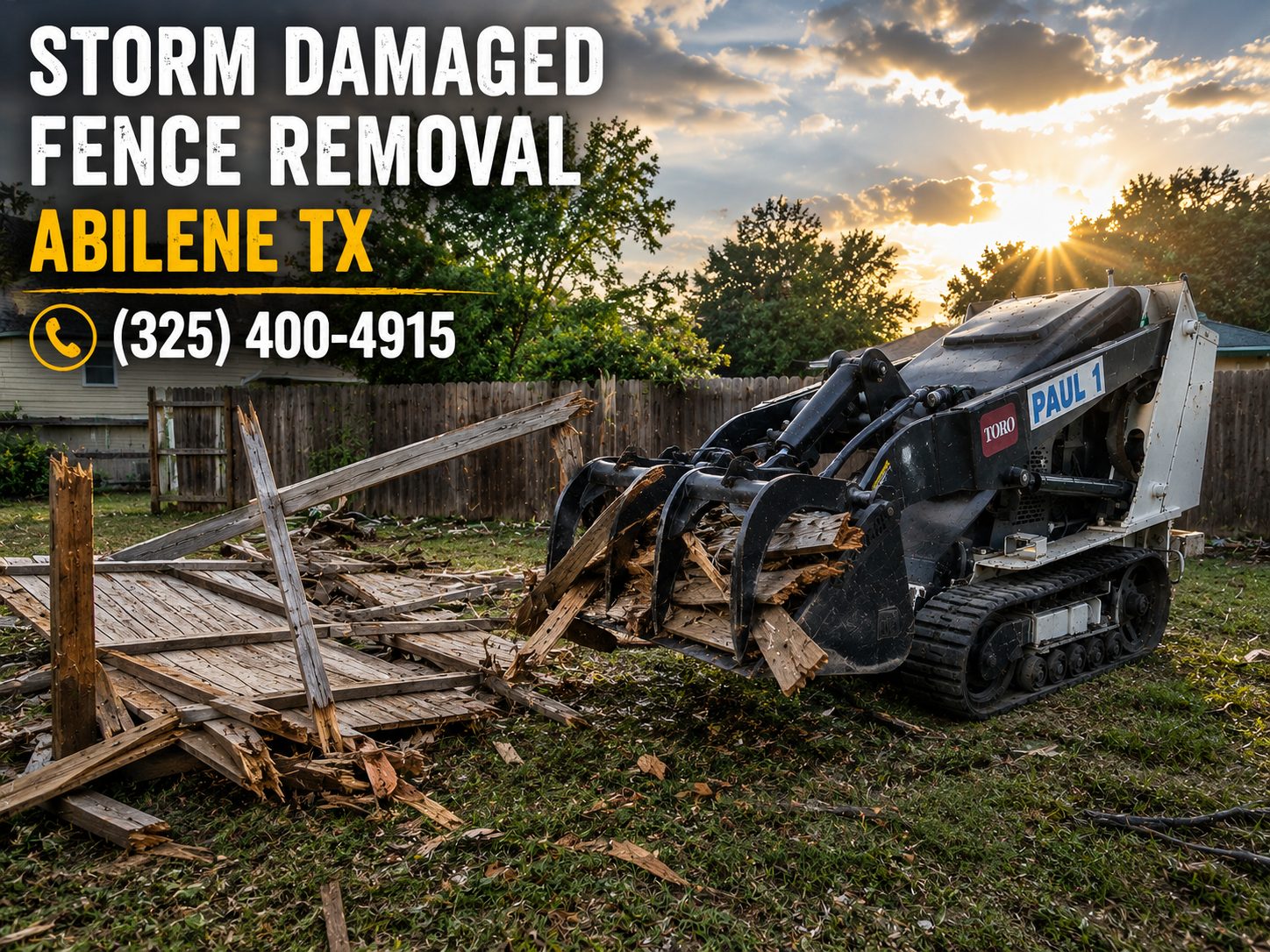 Storm damaged fence removal using Toro Dingo equipment in Abilene Texas