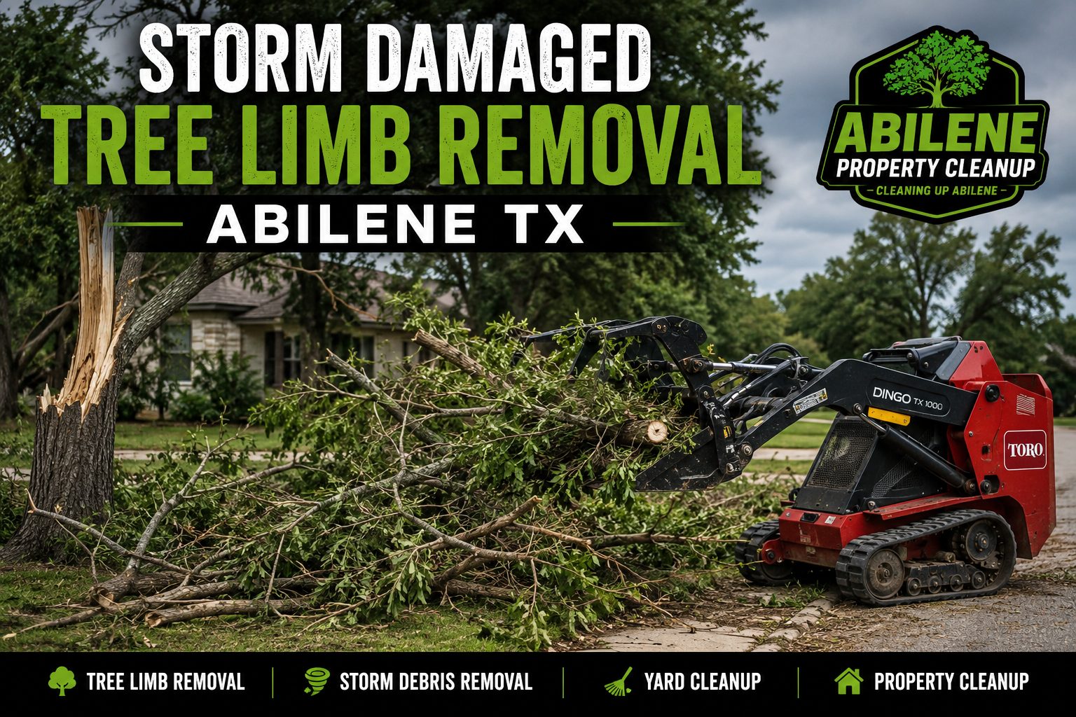 Storm damaged tree limb removal service cleaning up fallen branches and debris in Abilene TX.