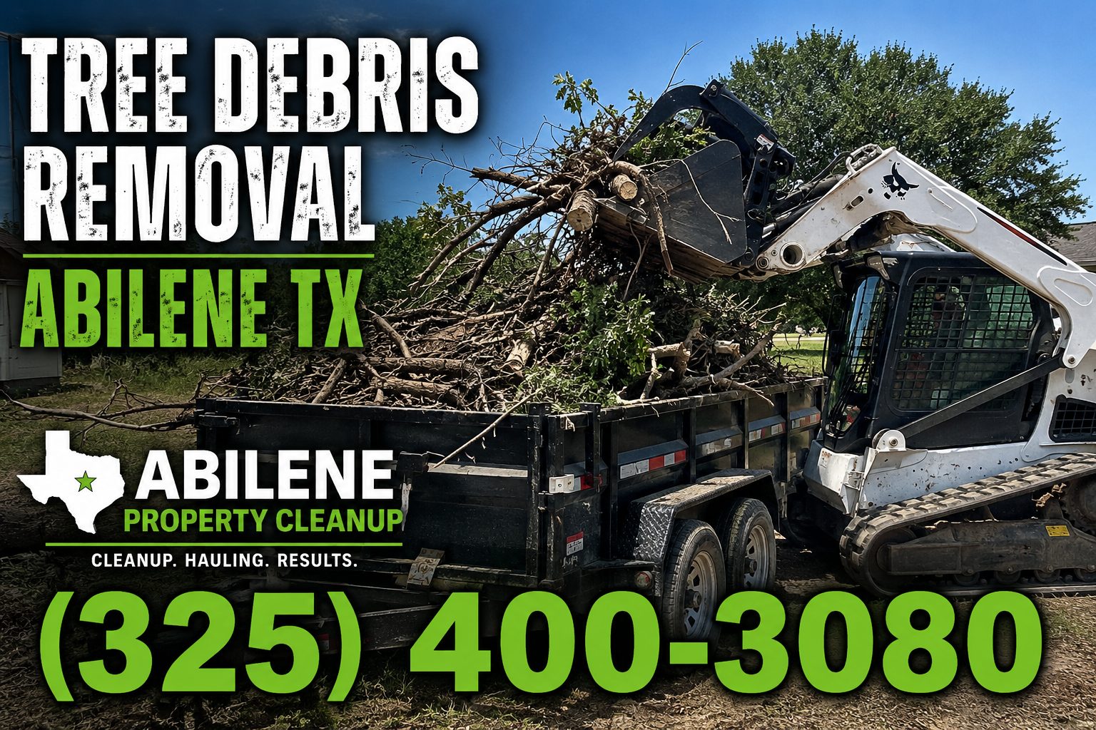 Skid steer loading tree debris, branches, and storm cleanup material in Abilene TX.