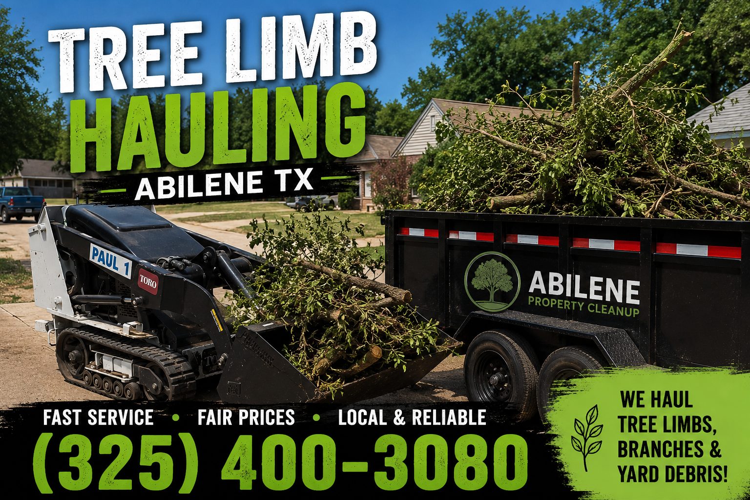 Toro Dingo mini skid steer loading and hauling tree limbs from a residential property in Abilene TX.