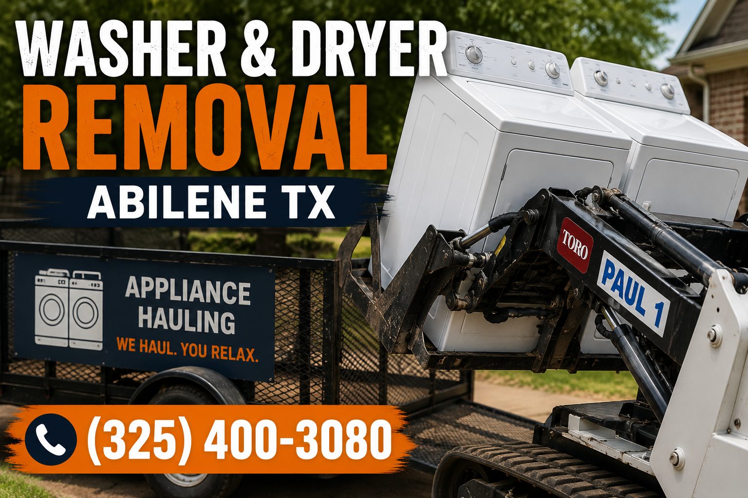 Close-up of a Toro Dingo lifting a washer and dryer during a removal project in Abilene TX.