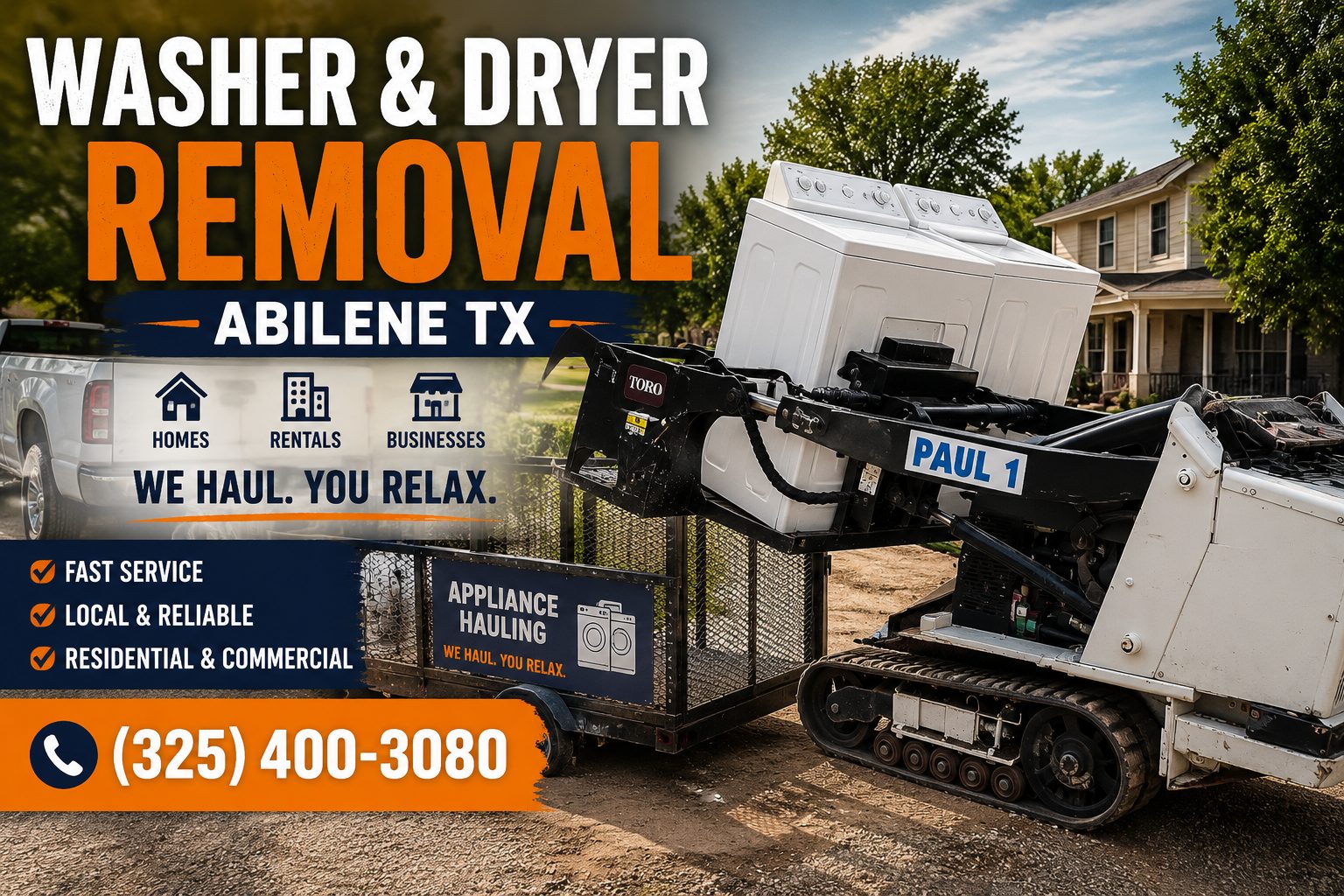 Washer and dryer removal in Abilene TX using a Toro Dingo mini skid steer to load appliances onto a utility trailer.