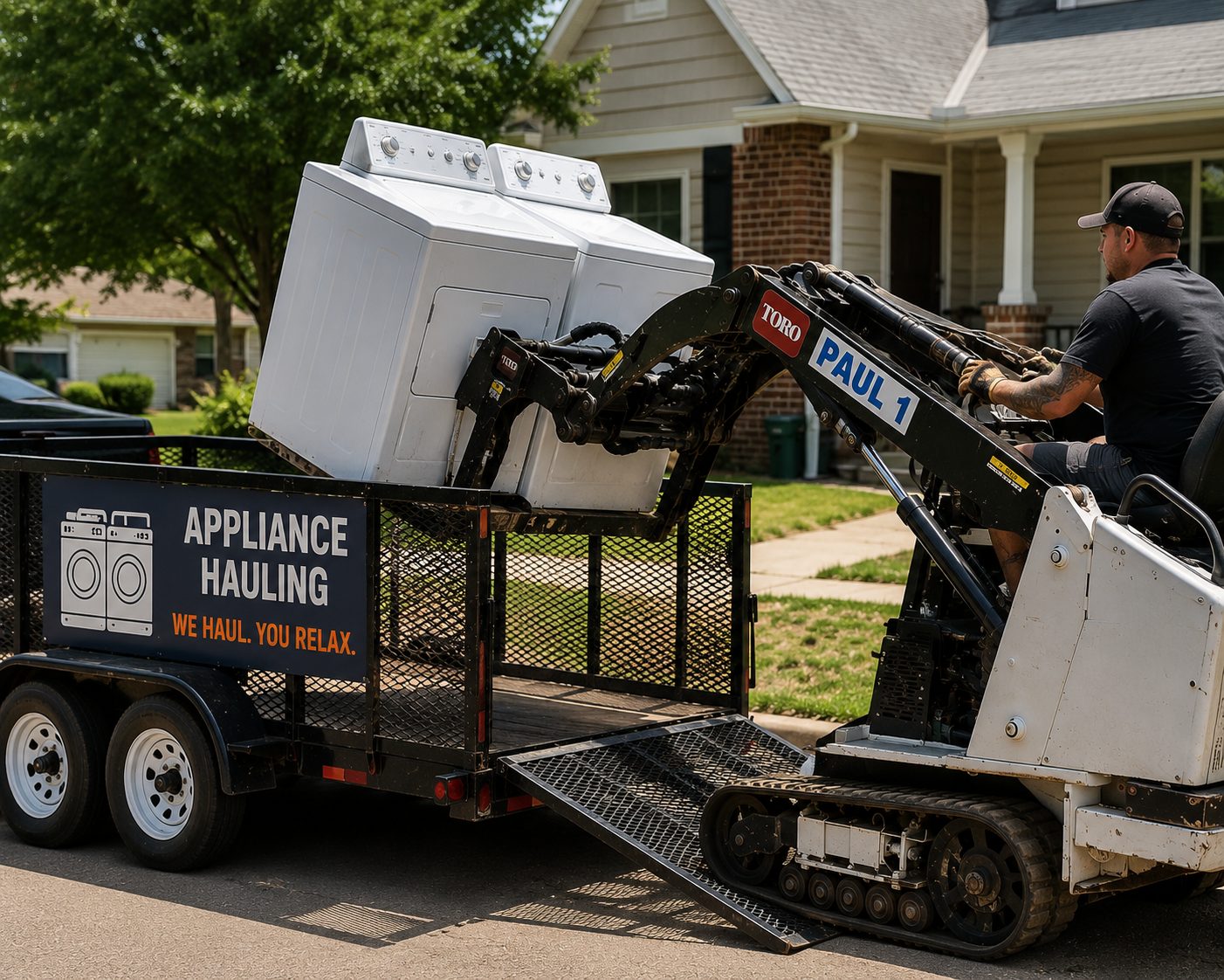Washer and dryer being loaded onto a utility trailer during an appliance removal project in Abilene TX.